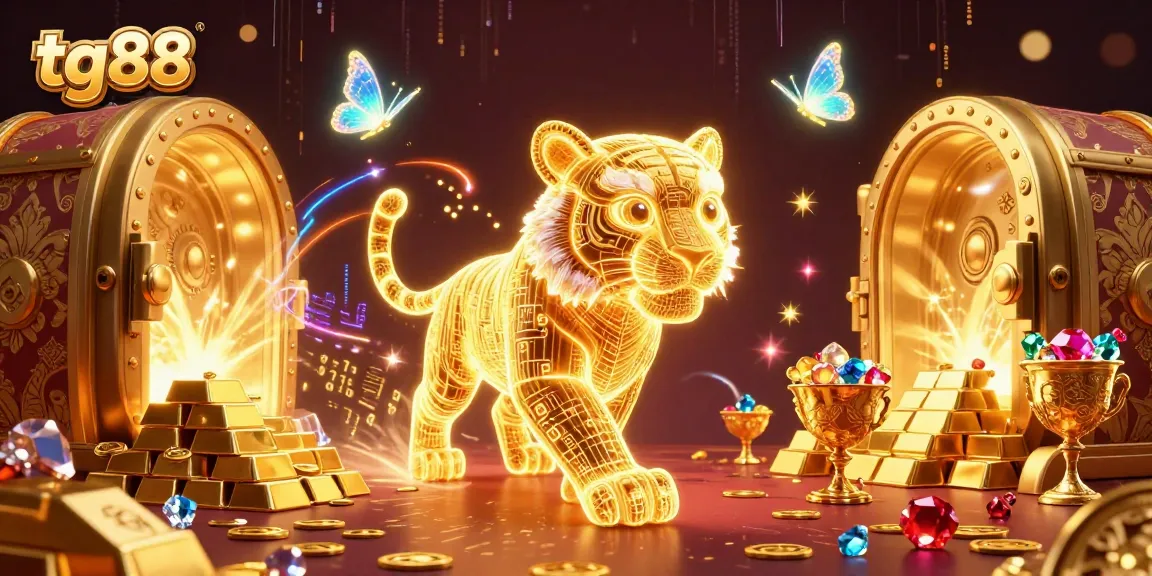 Experience the thrill of tg88 with a cartoon tiger navigating a dazzling digital casino landscape.