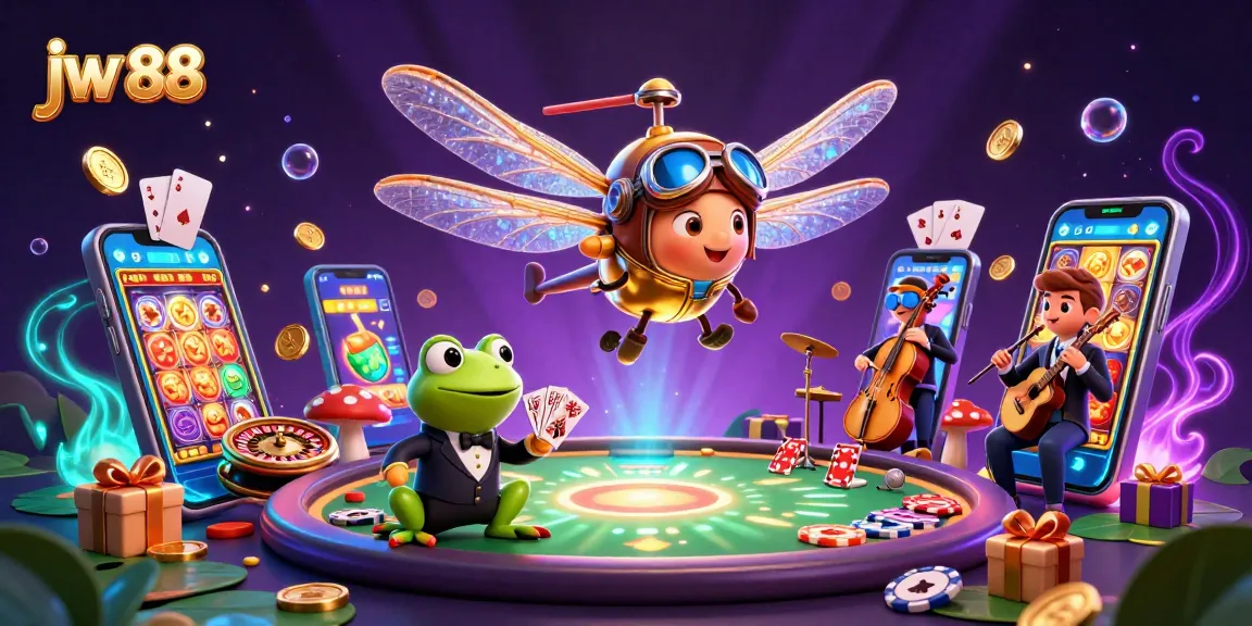 Experience the excitement of jw 88 with colorful slot games and dynamic casino elements in this vibrant illustration.