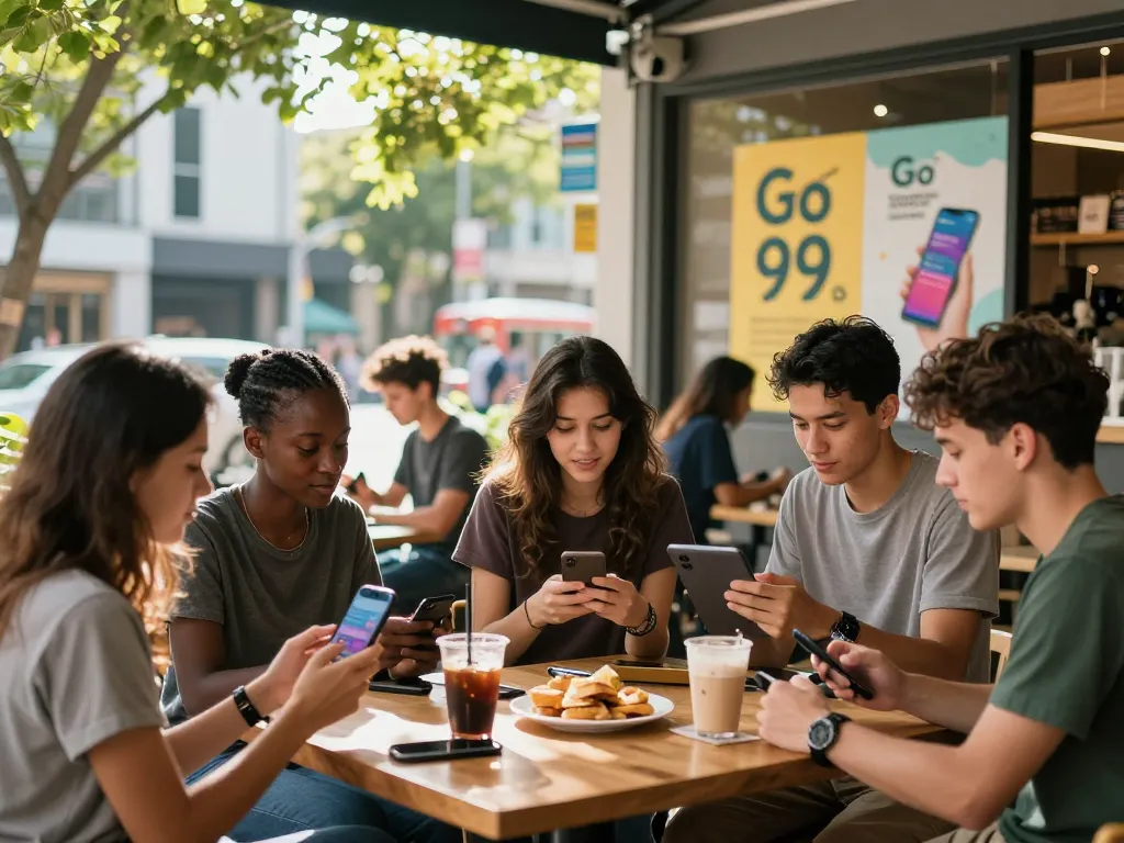 Go 99 promotional discussion among young adults in vibrant café setting, showcasing mobile data engagement