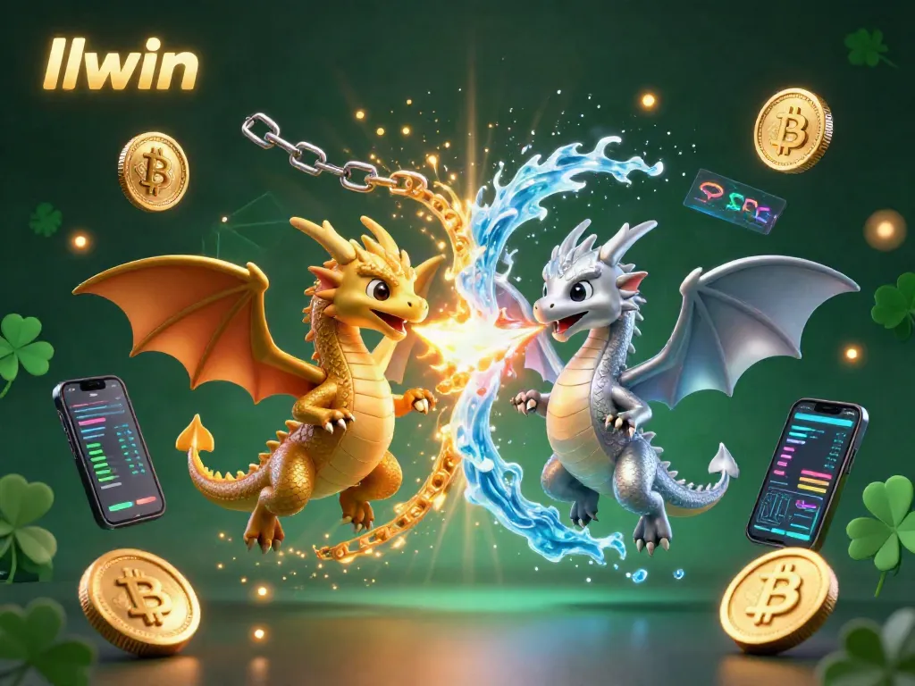 Engage with llwin's thrilling gaming experience featuring dragons unleashing fire and ice, surrounded by crypto elements.