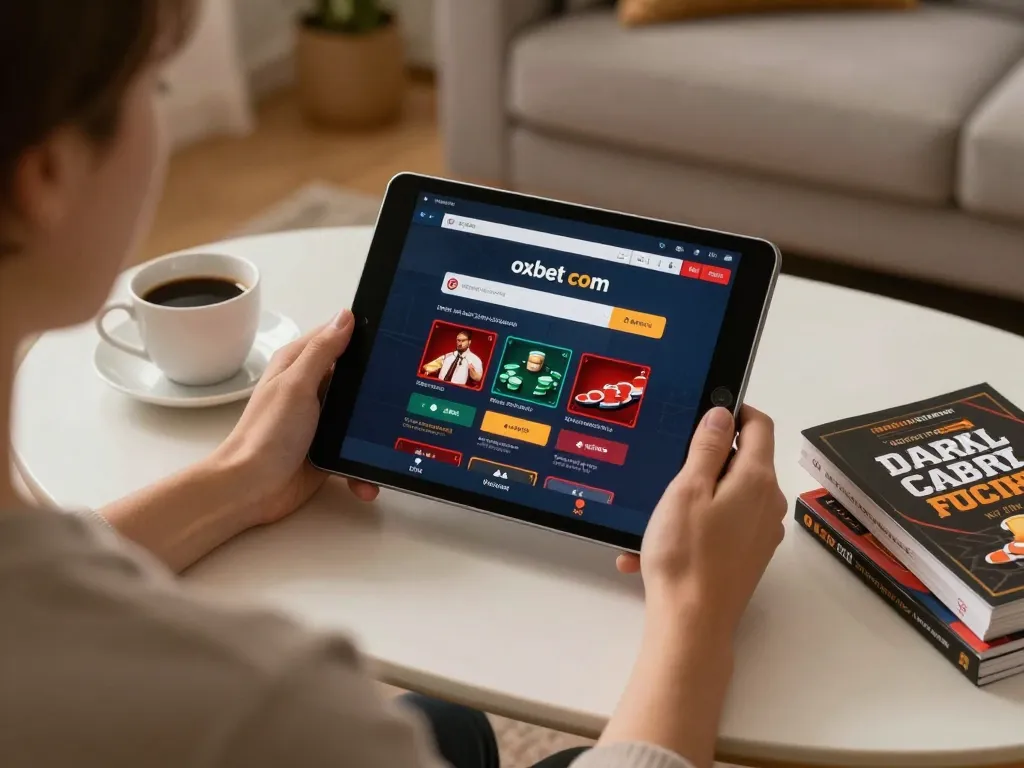 Engaging gameplay action on oxbet com with a player using a tablet in a cozy setting.