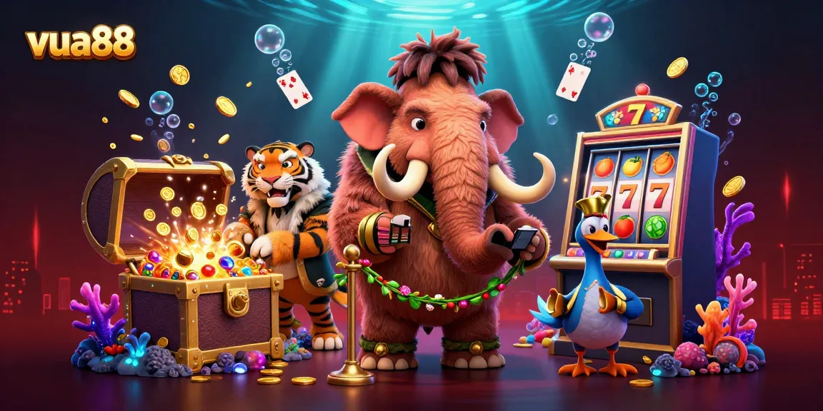 Engage with vua88 at a luxury casino featuring a woolly mammoth bouncer and vibrant game elements.