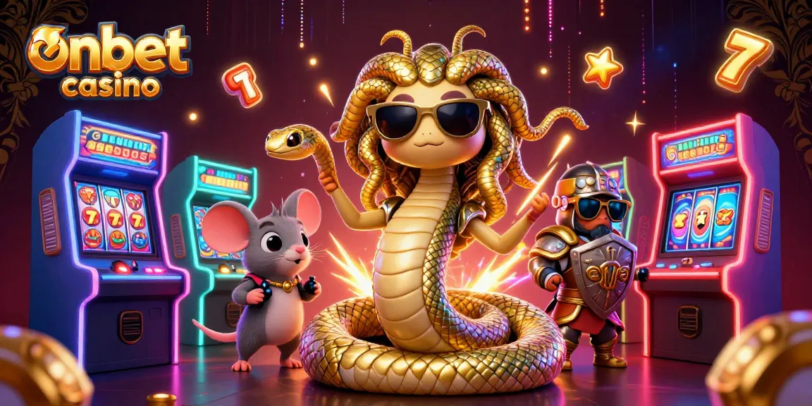 Experience onbet casino with a lively 3D illustration featuring Medusa and a warrior mouse amidst vibrant slot games.