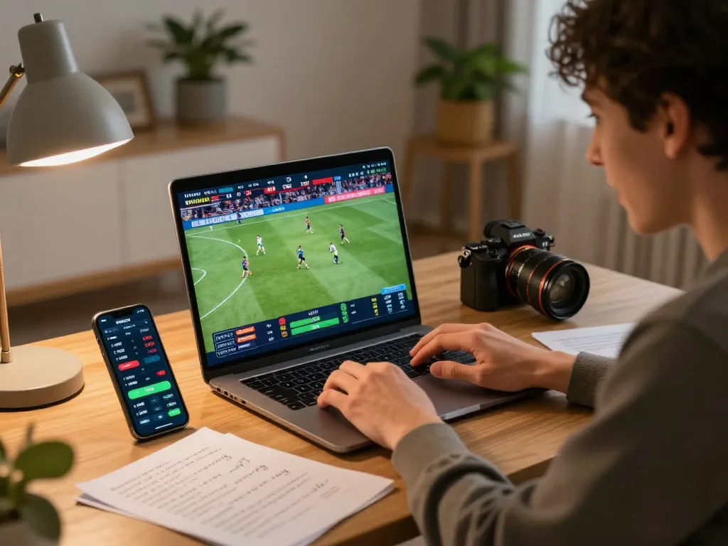 SIN88 user analyzing sports betting opportunities on laptop, enhancing winning strategies with live stats.