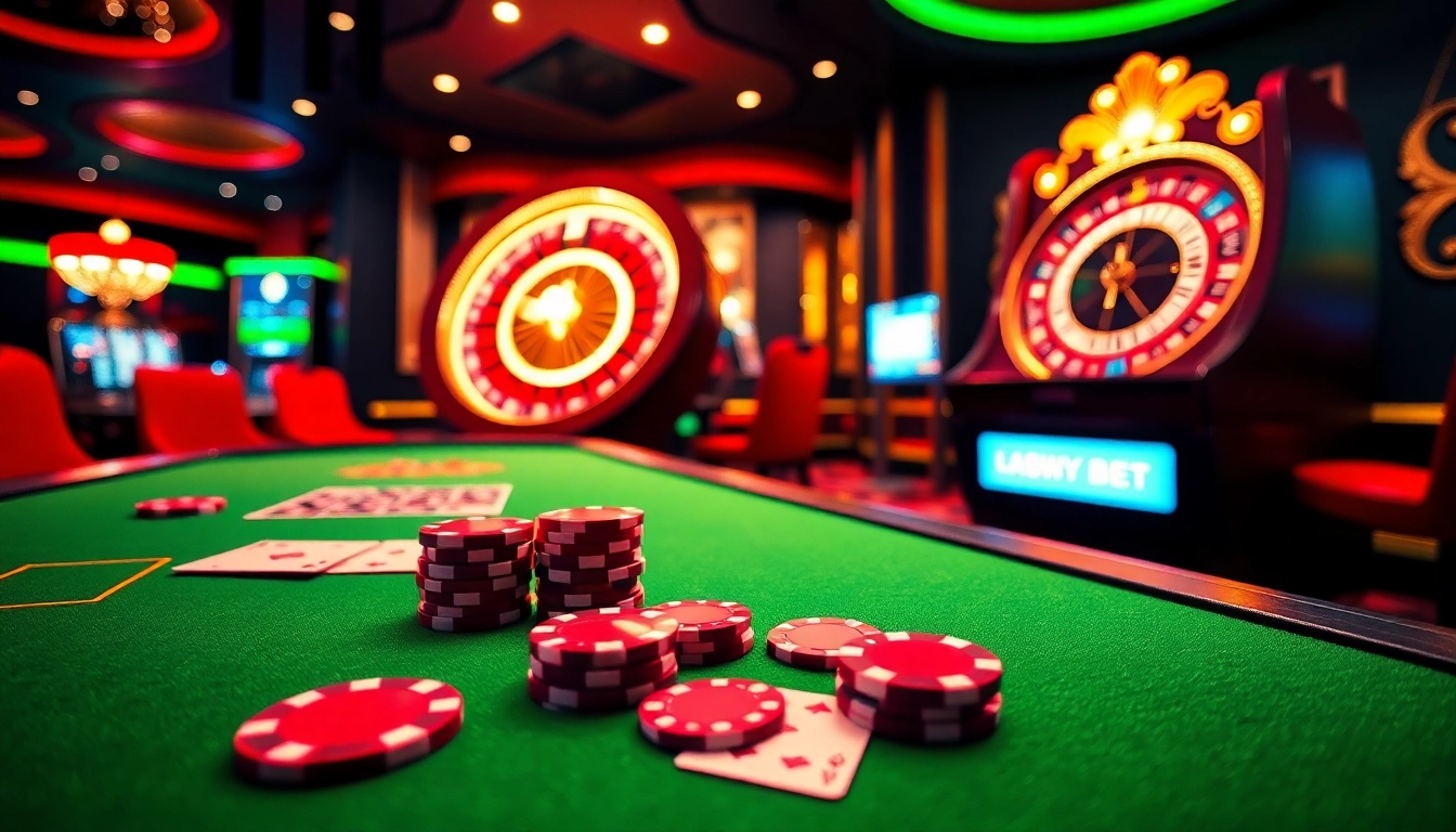 Experience the excitement of 9bet with a vibrant casino scene featuring poker chips and a spinning roulette wheel.