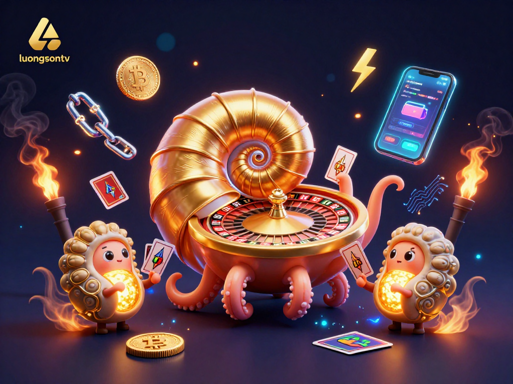 Bet on epic games with luongsontv, featuring a giant nautilus roulette wheel and glowing crypto coins.