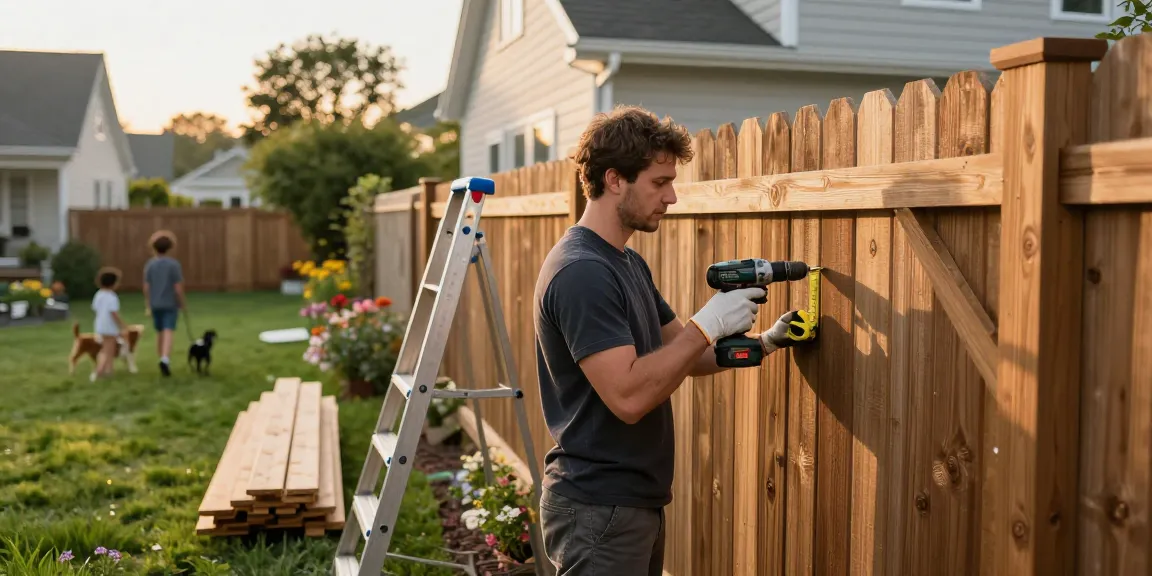 We fix fences and build fences with skilled tradesman repairing wooden fence, showcasing DIY home improvement.
