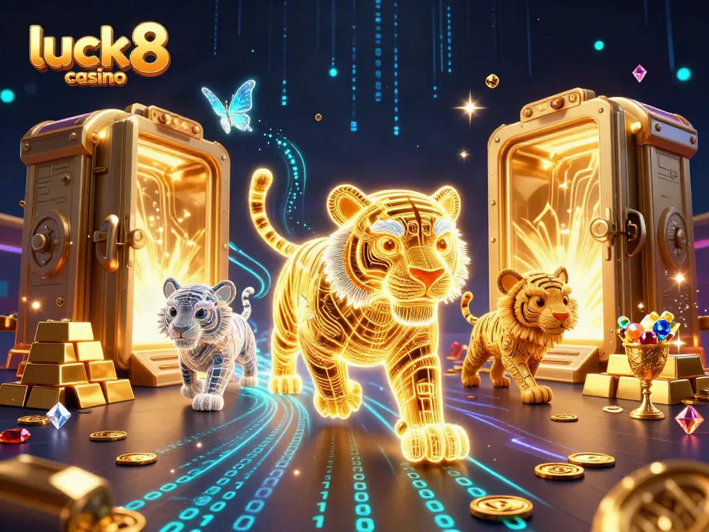 Experience the luck8 casino magic with a neon tiger in a vibrant, fantastical casino scene filled with riches.