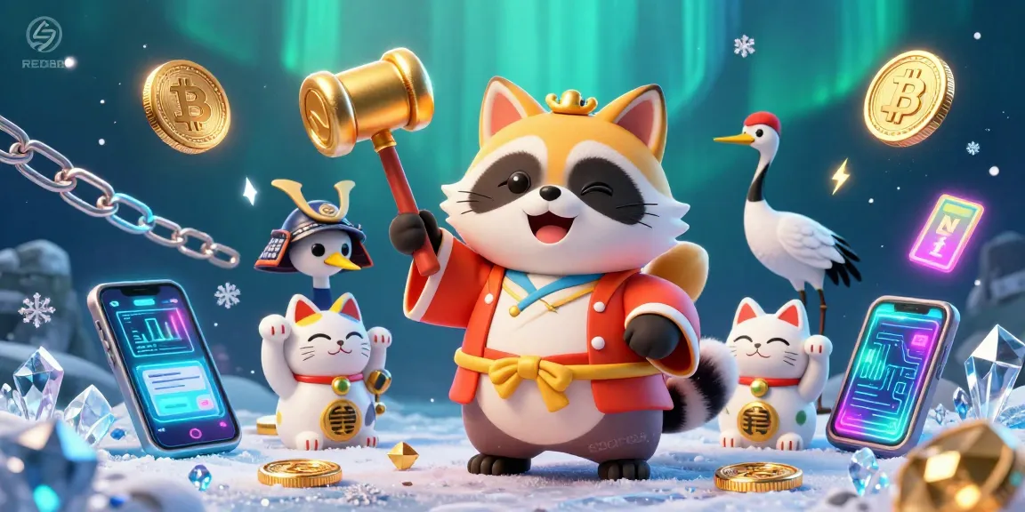 Engage with the RED88 gaming scene featuring a cheerful tanuki and fortune cats amidst crypto elements.