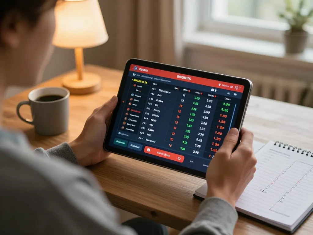 Engaging sports betting experience at home with go8 tablet interface and strategic notes.