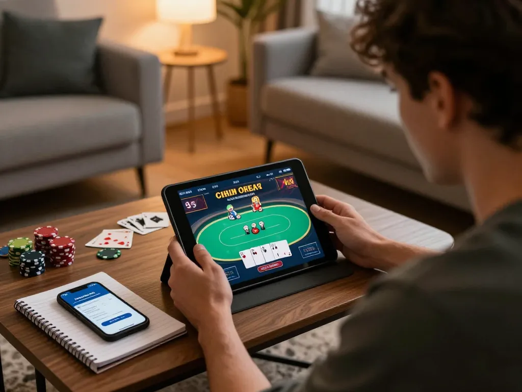 Player enjoying online gaming at trang chủ tg88 with a tablet in a cozy living room setup.