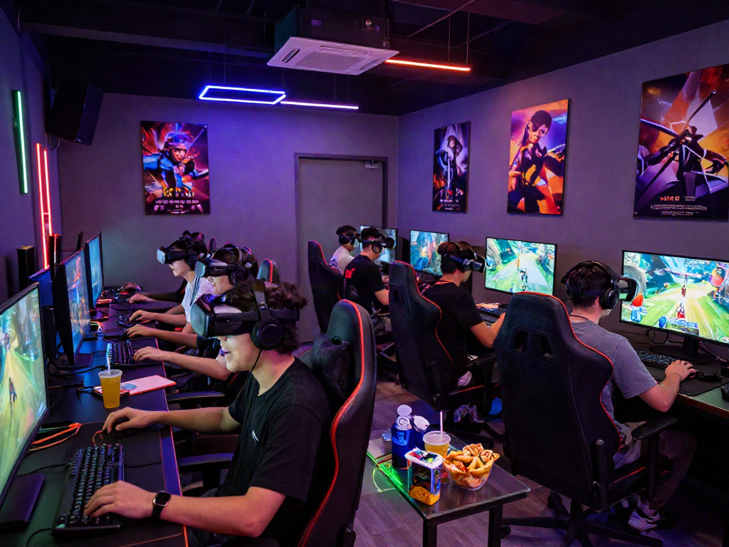 Engaging scene of friends playing porn games in a vibrant gaming lounge.