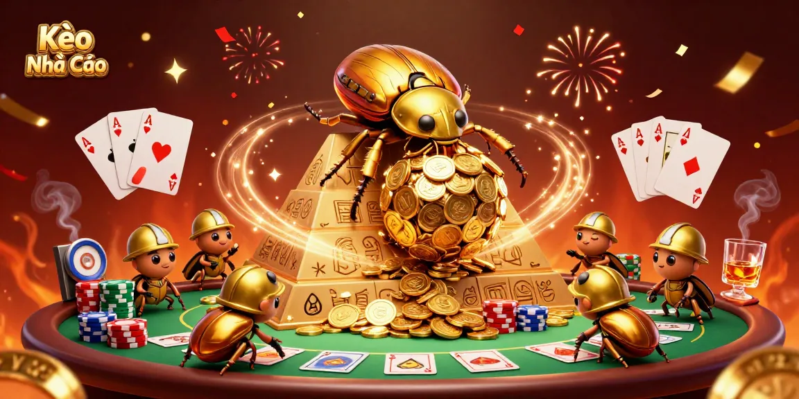Kèo Nhà Cái showcases a golden beetle rolling coins with a poker table and vibrant casino elements.