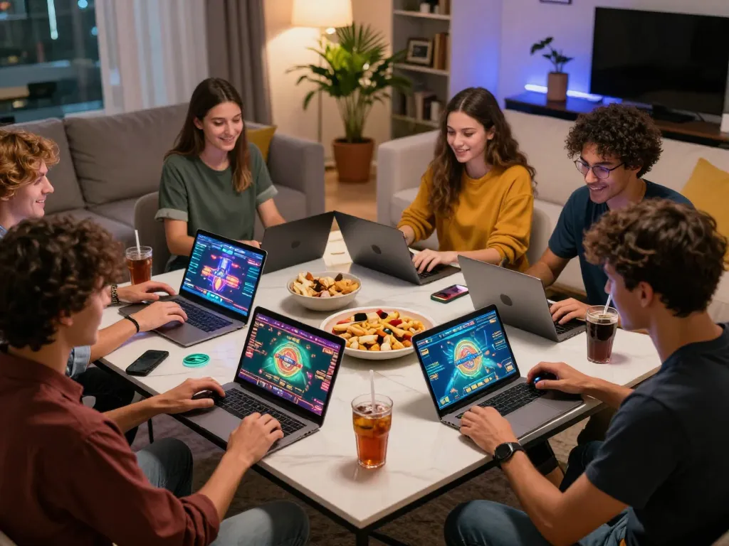 Engaged group enjoying online games at https://789clubweb.com/ in a stylish home environment.