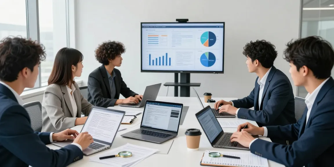 Document fraud detection team analyzing data in a modern office.