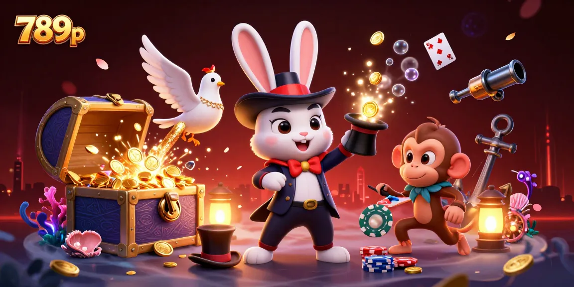 Experience thrilling gameplay at 789p with an exciting illustration of a magician rabbit and monkey amidst gold coins and treasures.