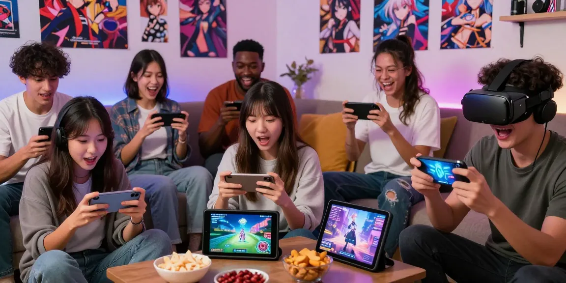 Exciting social gaming scene featuring friends playing mobile hentai games on smartphones in a cozy living room.
