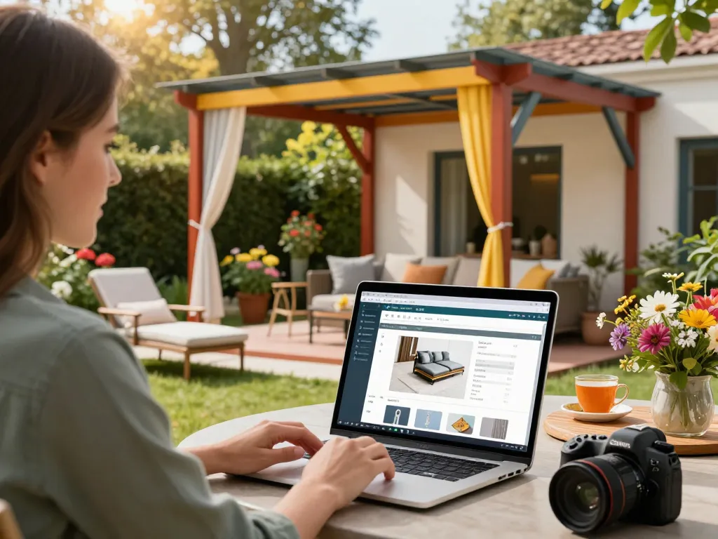 Person customizing a configuratore pergola online at a garden patio with vibrant colors and materials.