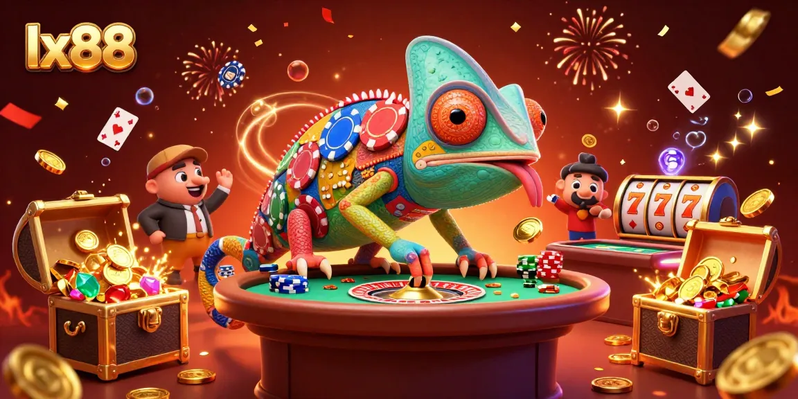 Experience thrilling gaming at lx88 with a vibrant 3D illustration featuring casino treasures.