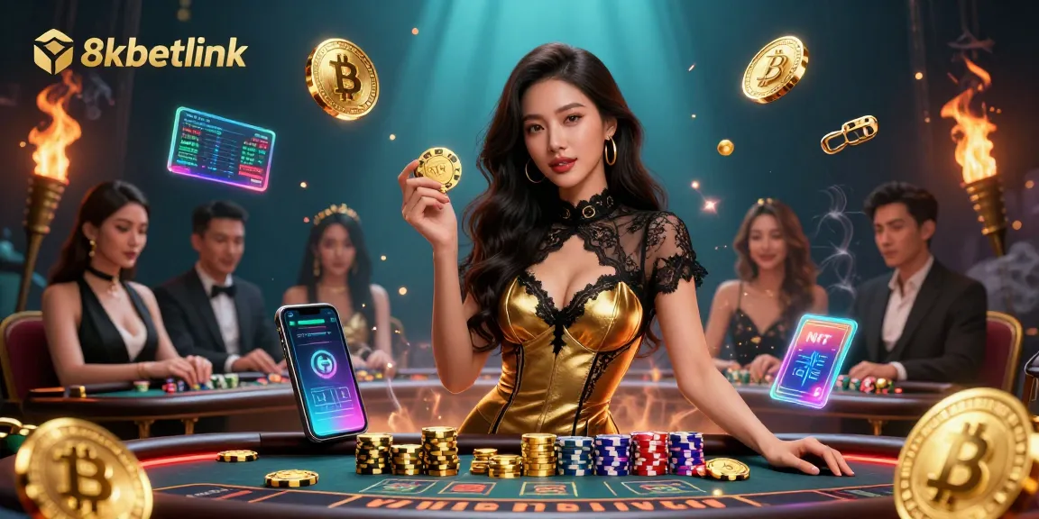 Play and win with the glamorous scene of 8xbetlink featuring high-stakes baccarat and crypto elements.