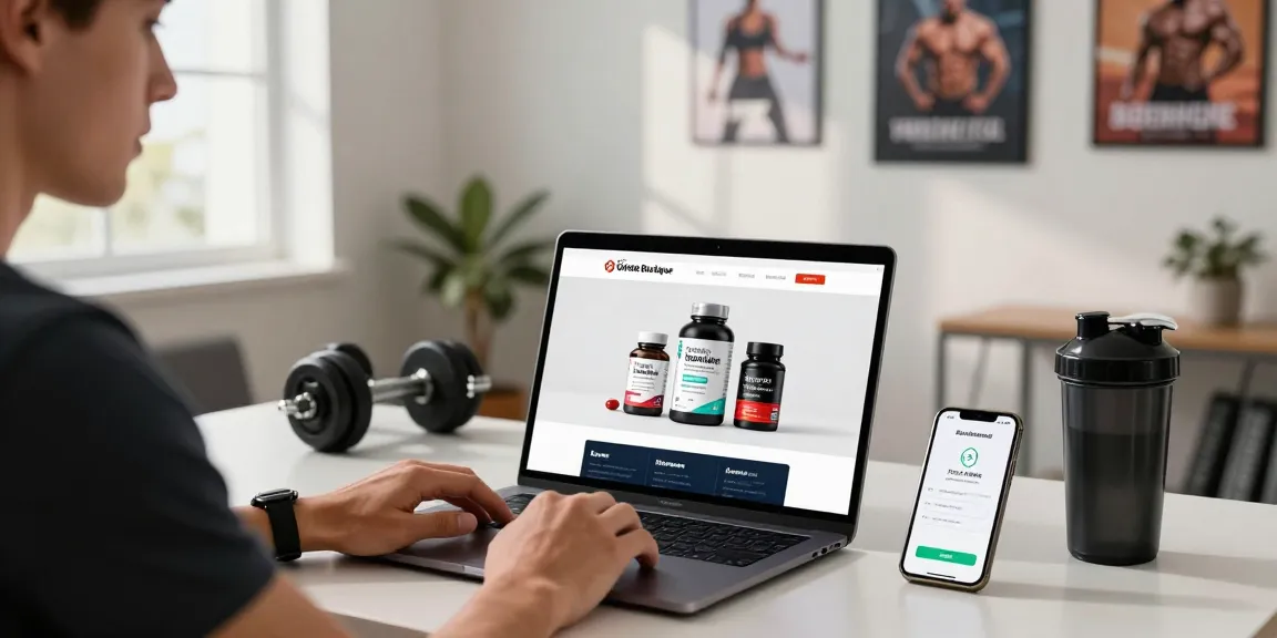 Steroide Boutique online shopping experience with fitness products and motivational decor.