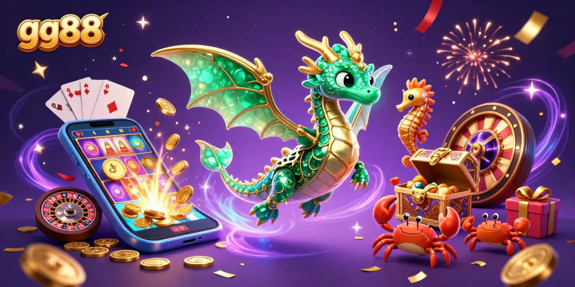 Experience the magic of gg88 with an emerald sea dragon and lively gaming elements in this vibrant illustration.