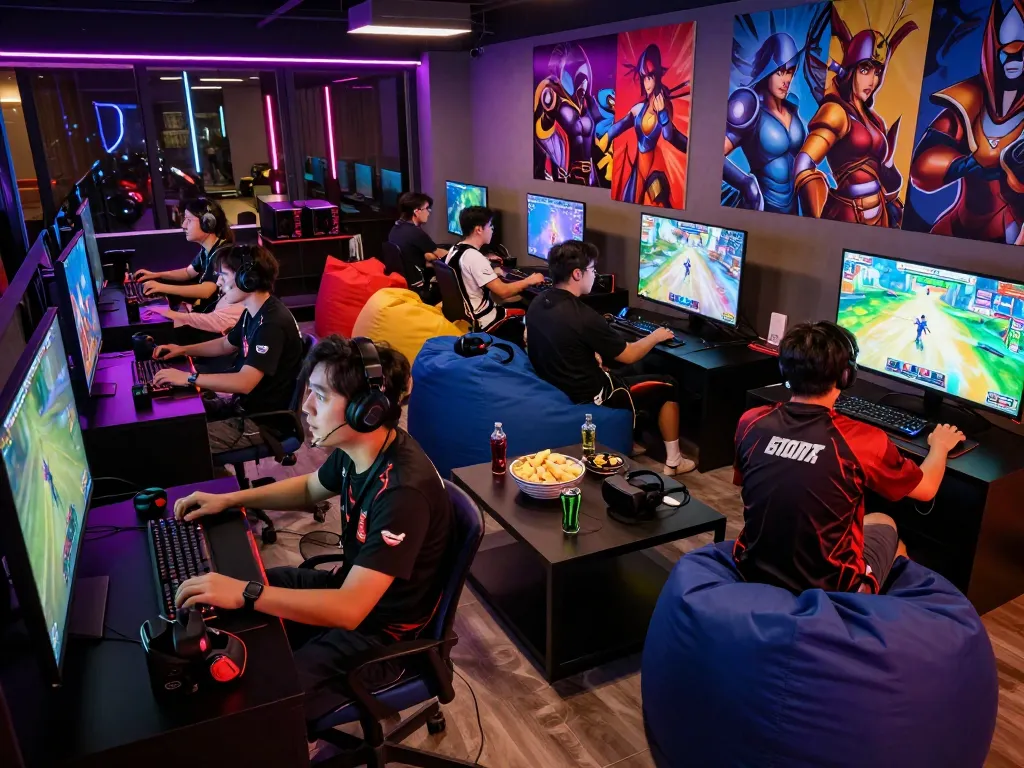 Group of gamers at https://bomwin.jp.net/ lounge playing multiplayer games with dynamic LED lighting.