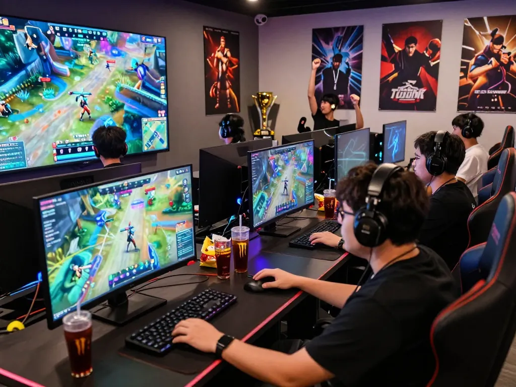 Engaged gamers enjoying sunwin20 competition in a lively gaming lounge with vibrant atmosphere.