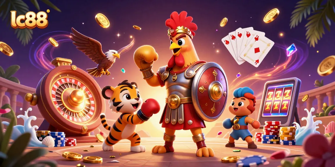 Experience excitement at lc88 with a lively casino illustration of a gladiator rooster and tiger cub amidst gold coins.