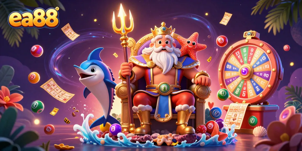 Experience thrilling gaming at ea88 with vivid illustrations of Neptune and lottery excitement.