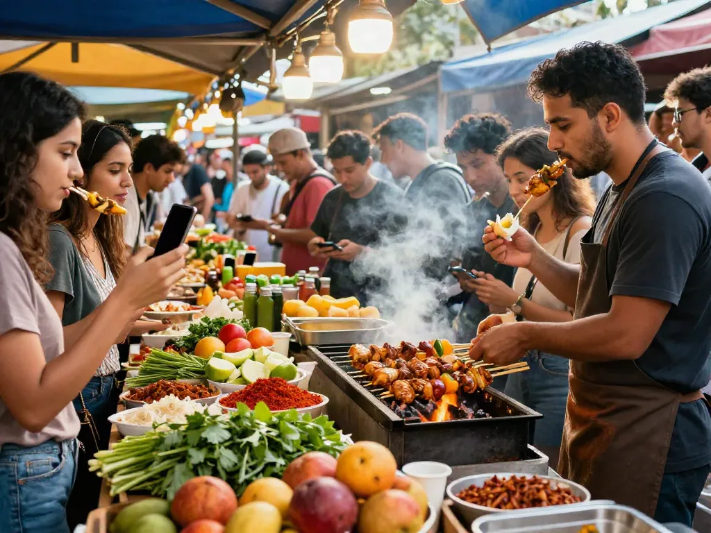 Delicious skewers being grilled at a vibrant food market, highlighting culinary creativity and the rokok88 slot trend.