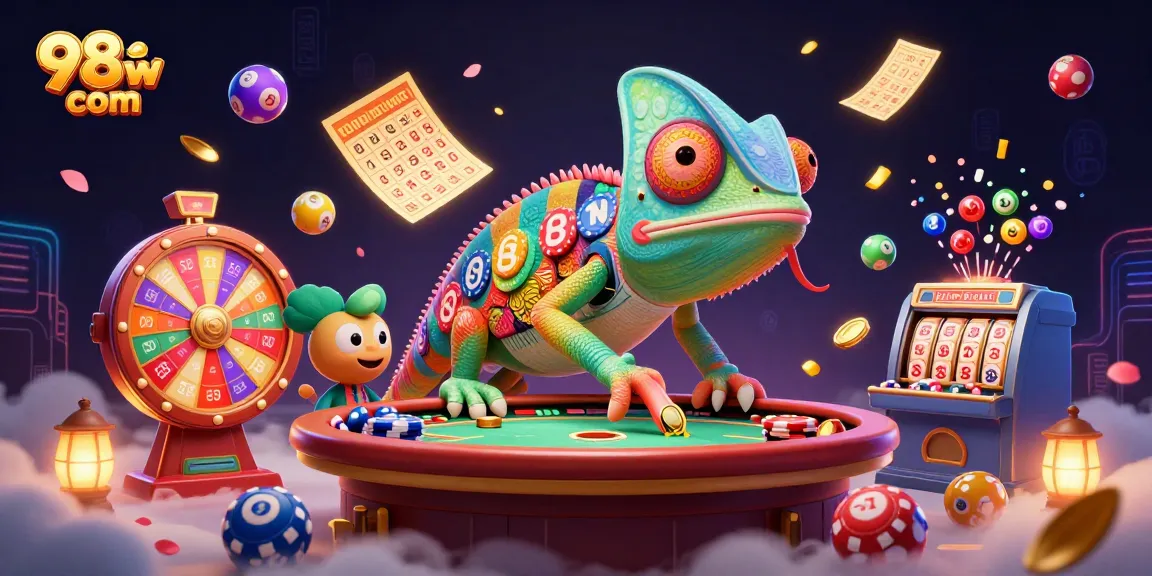 Experience the thrill of winning at 98win com with vibrant lottery balls and a dynamic casino scene.