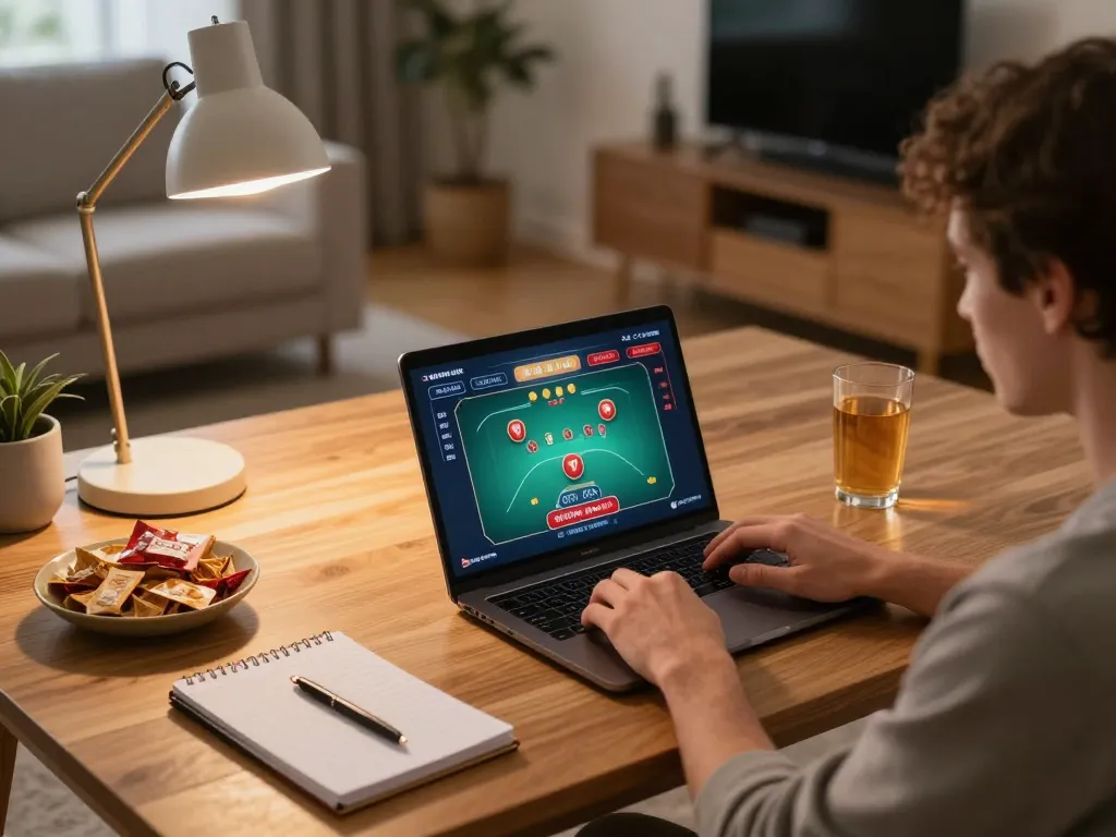 Player engaging in online poker at trang chủ 98win on a cozy home setup, demonstrating strategic gambling.
