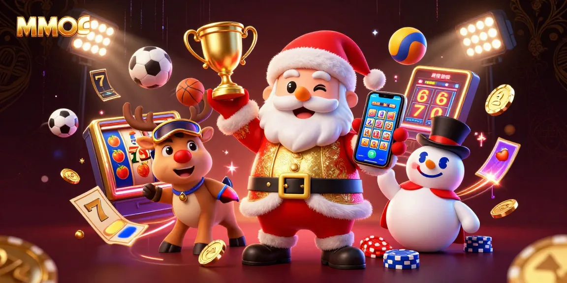 Experience thrilling slots with MMOO as Santa Claus showcases jackpots in a vibrant casino scene.