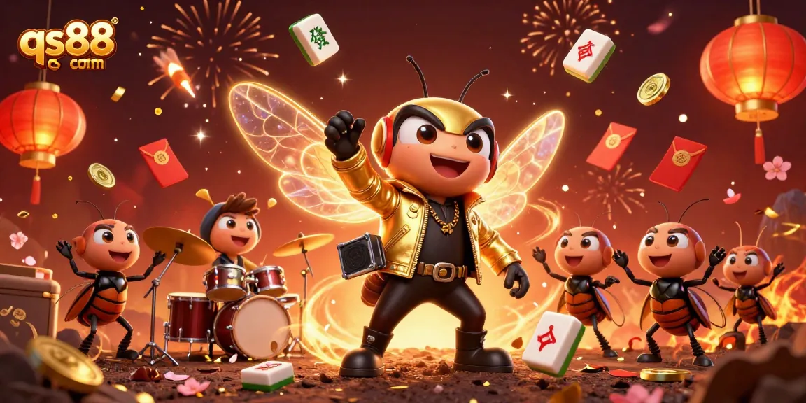 Engage in thrilling gameplay at qs88 com with a vibrant scene featuring a rock star cicada, a beetle drummer, and dynamic game elements.