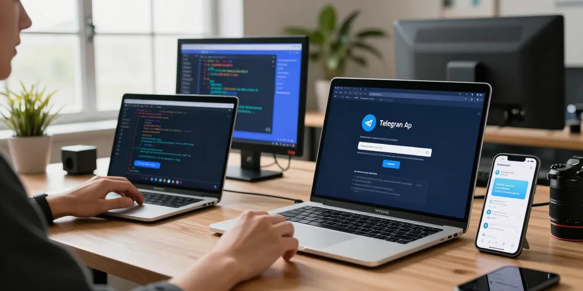 Telegram Download: Developer using multiple devices to access the Telegram app for seamless communication.
