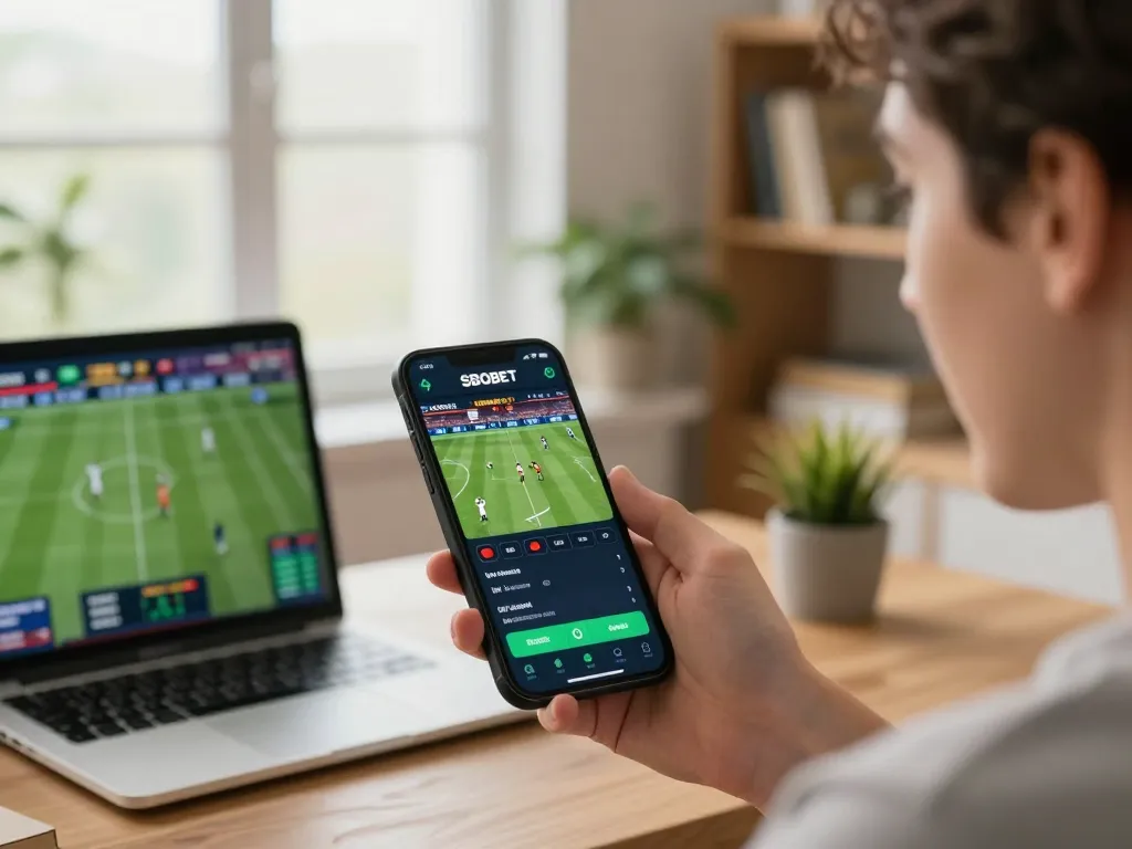 Pengguna aplikasi SBOBET memasang taruhan olahraga langsung di smartphone, menunjukkan momen yang menarik dan strategis dalam perjudian online.