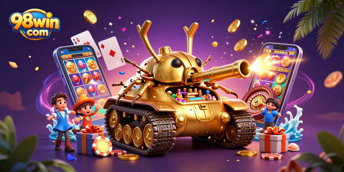 Engage with the thrilling world of 98win com, where a golden beetle tank reveals a vibrant casino.