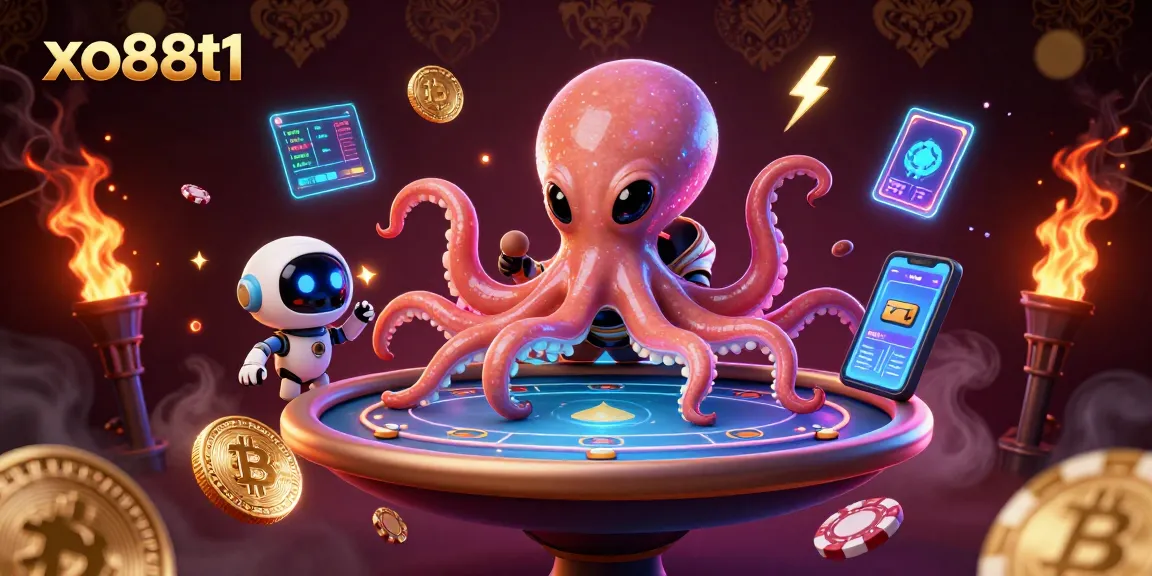 Engage with xo88t1 at an exciting holographic poker table featuring a cheerful alien octopus and orbiting poker chips.