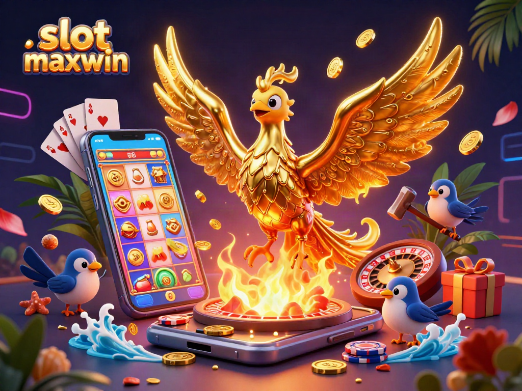 Experience the thrill of slot maxwin with an ultra-detailed 3D illustration of a golden phoenix, vibrant game elements, and rich casino atmosphere.