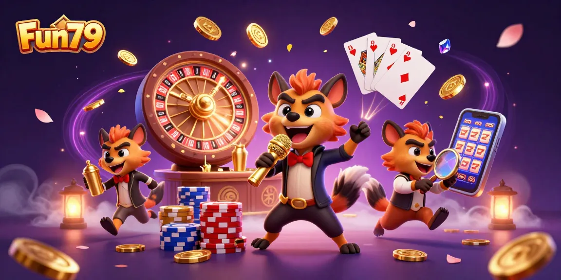 Fun79 showcases vibrant casino life with animated hyenas, featuring entertainment and gaming excitement.