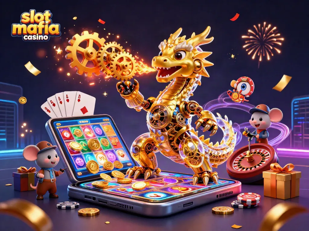 Experience the thrill of slot mafia casino with golden coins, spinning reels, and vibrant casino elements.