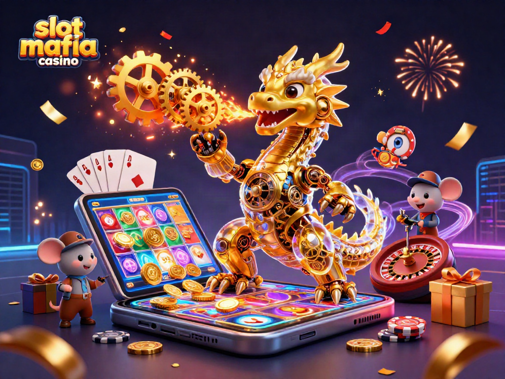 Experience the thrill of slot mafia casino with golden coins, spinning reels, and vibrant casino elements.