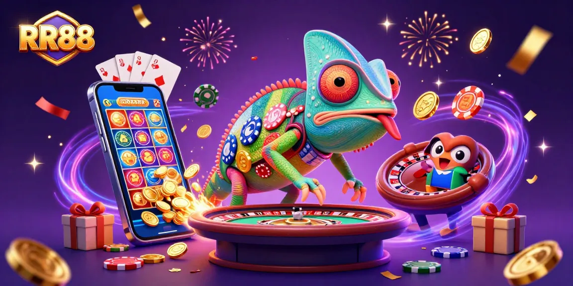 RR88 casino engaging cartoon scene with chameleon owner in a vibrant gambling environment.