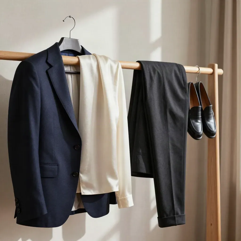 Capsule con blazer blu, top in seta avorio, pantaloni sartoriali e loafers su asta in rovere.