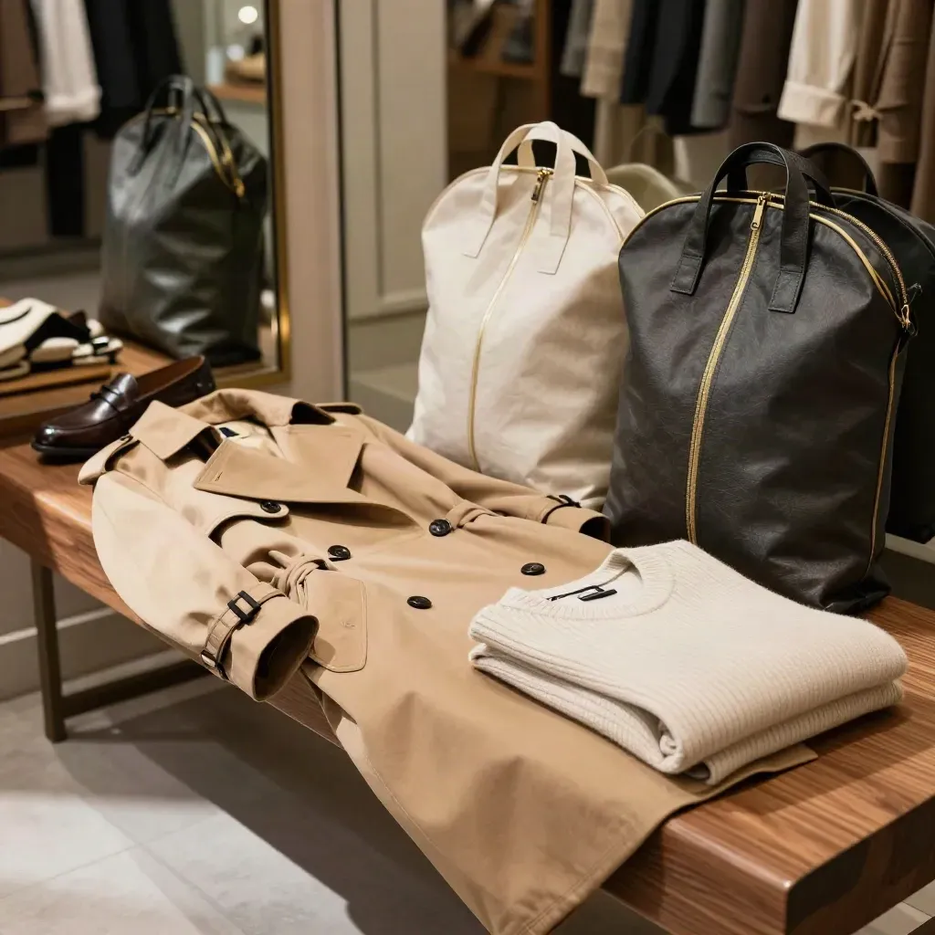 Bench boutique con trench, mocassini, maglia e due sacche porta-abiti in un elegante servizio di personal shopping.
