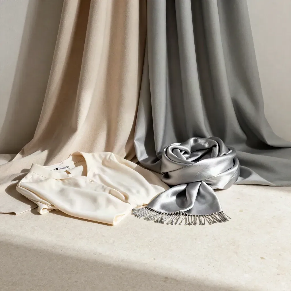 Campioni tessili e camicia su travertino, per analisi colori in stile moda.