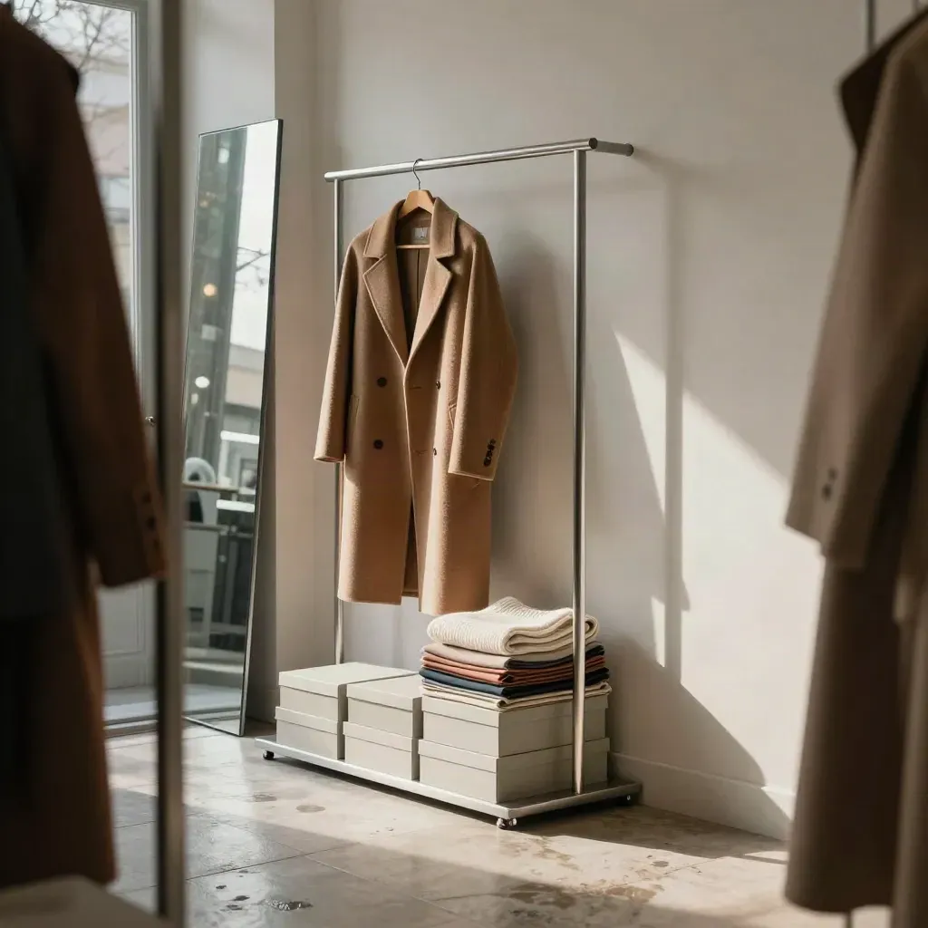 Atelier di styling con cappotto cammello, maglia avorio e specchio, luce mattutina radente.