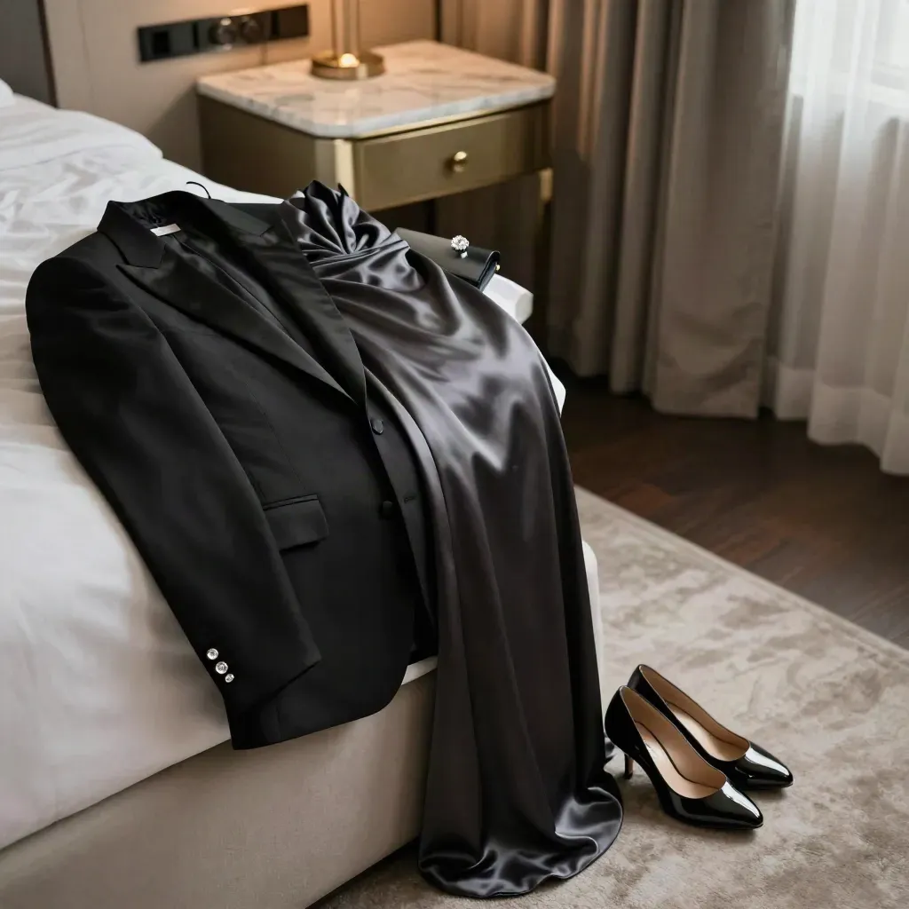 Look da sera in suite d’albergo con tux nero, abito in seta e accessori lucidi.