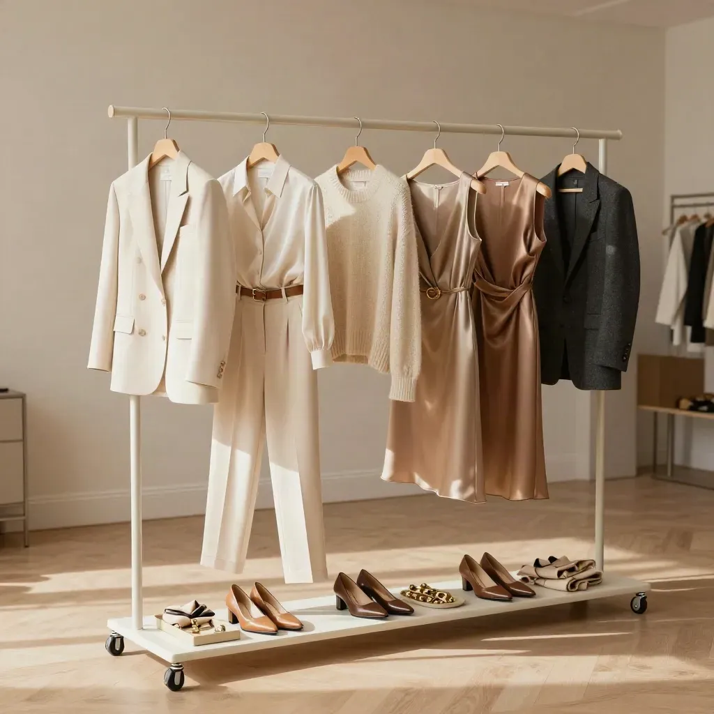 Rail di capi e accessori pronti per uno styling, in stanza luminosa e ordinata.